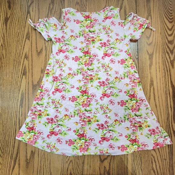Btween Content Cold Shoulder Dress Girls Size 12 Pink Lace Up Sleeve Floral Soft - Picture 2 of 12